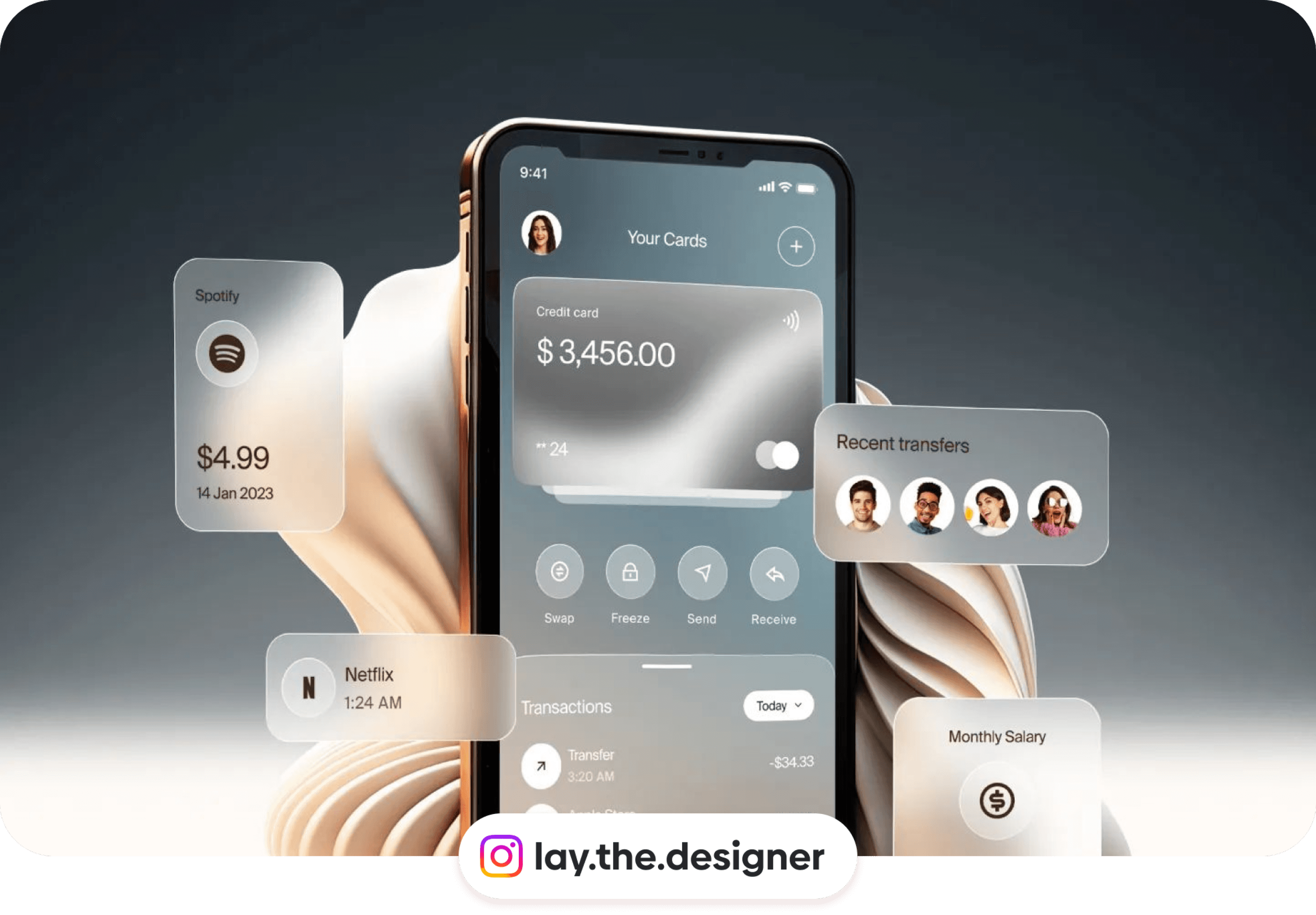Mobile banking UI concept showing a sleek credit card dashboard with a $3,456 balance, recent transfers, transaction history, and floating UI elements for Spotify and Netflix payments, displayed on a modern smartphone with soft 3D abstract shapes in the background