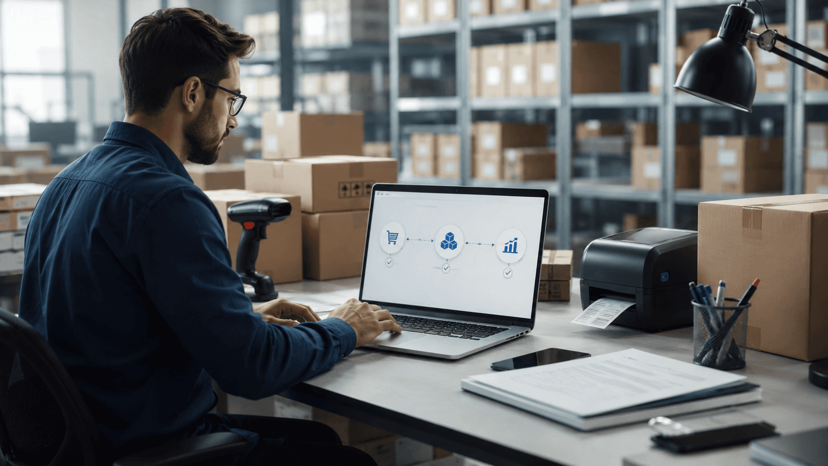 Atacadista em ambiente logístico moderno utilizando notebook integrado a sistemas de pedidos B2B, com caixas e prateleiras ao fundo, ilustrando automação entre ERP Olist/Tiny e canal de vendas sem retrabalho manual. Estilo realista 3D, iluminação natural e cenário corporativo de distribuição.