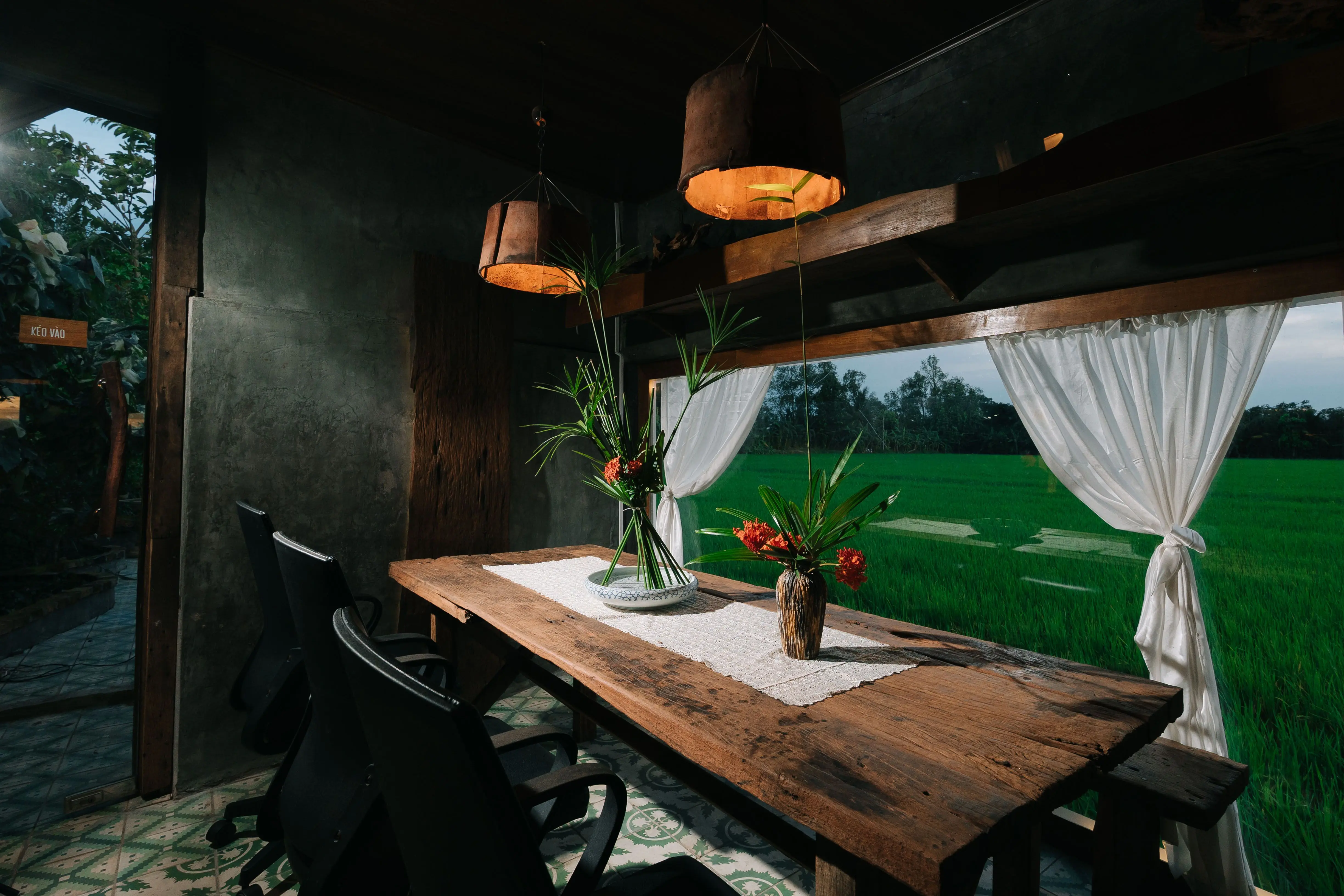 Warm modern dining room prepared for an intimate evening