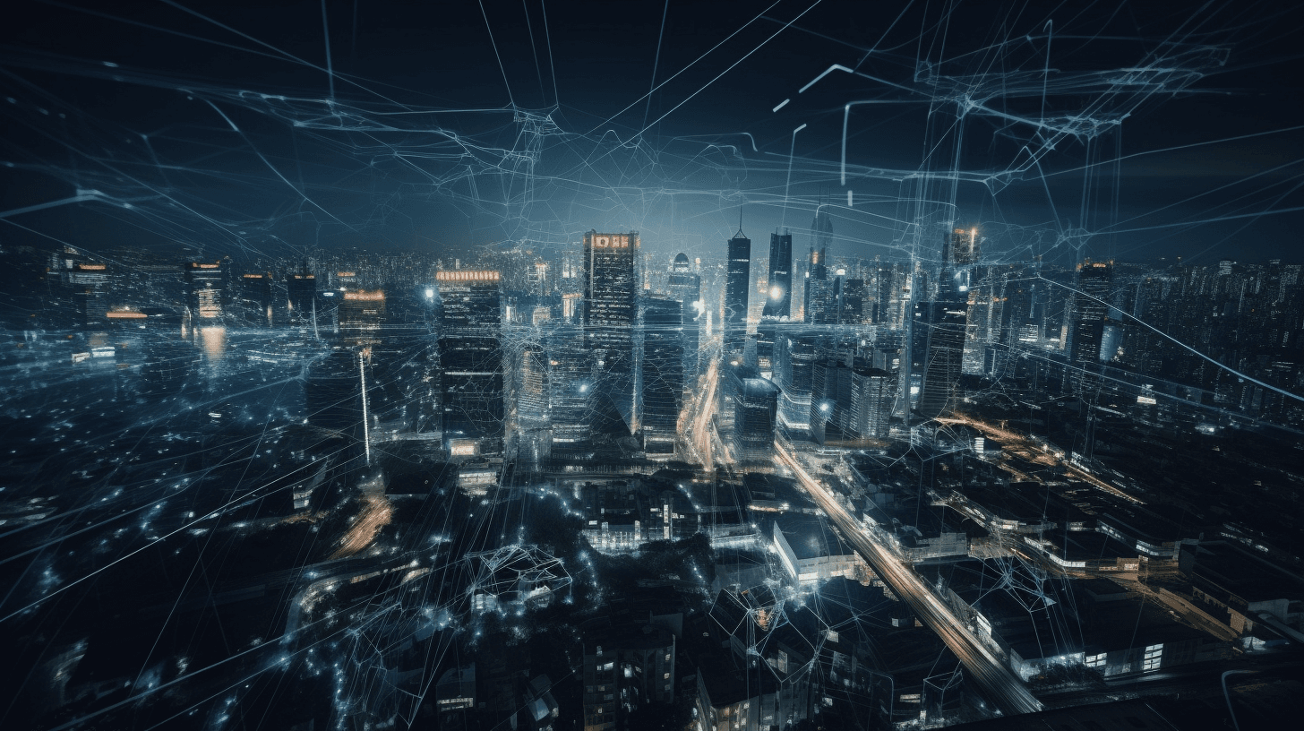 Smart city concept with illuminated skyline overlaid with digital network connections and data visualization