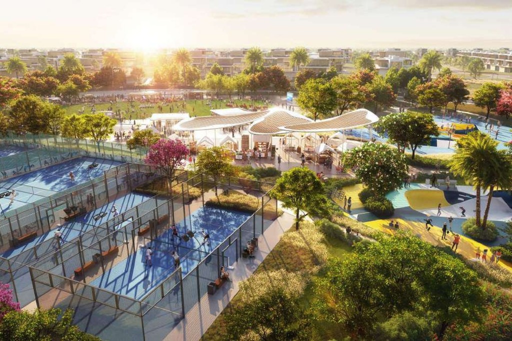 Artist's impression of Nad Al Sheba Gardens: new park in Dubai, lush greenery, modern design.