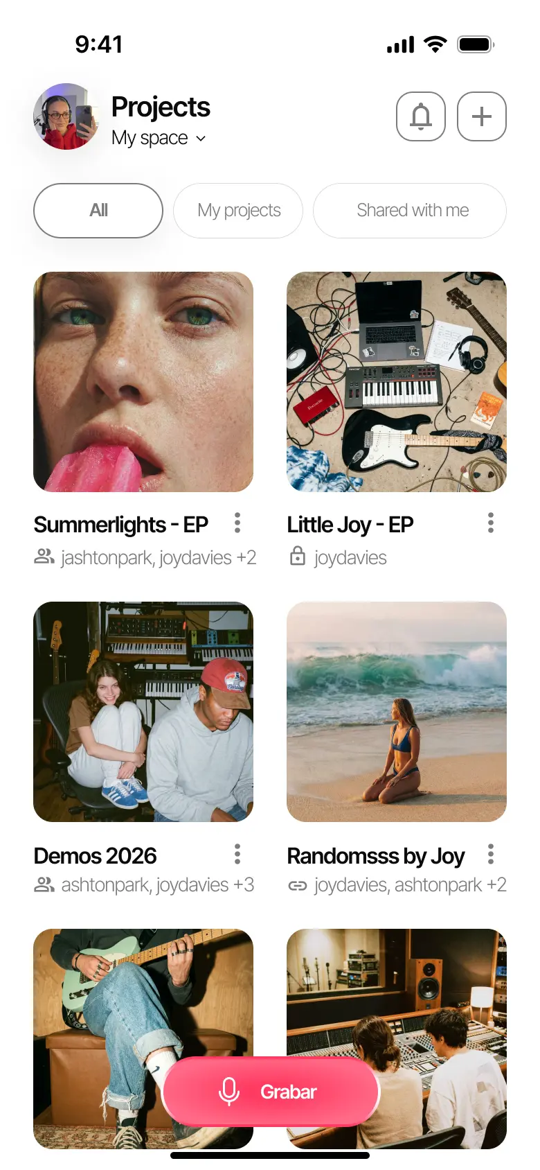 Zoundroom main dashboard with organized music projects