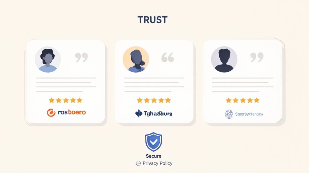 Website trust section showing three customer reviews with perfect 5-star ratings and security information.