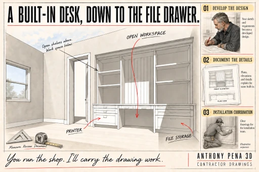 Built-in desk cover with open shelves, center knee space, printer bay and file storage.