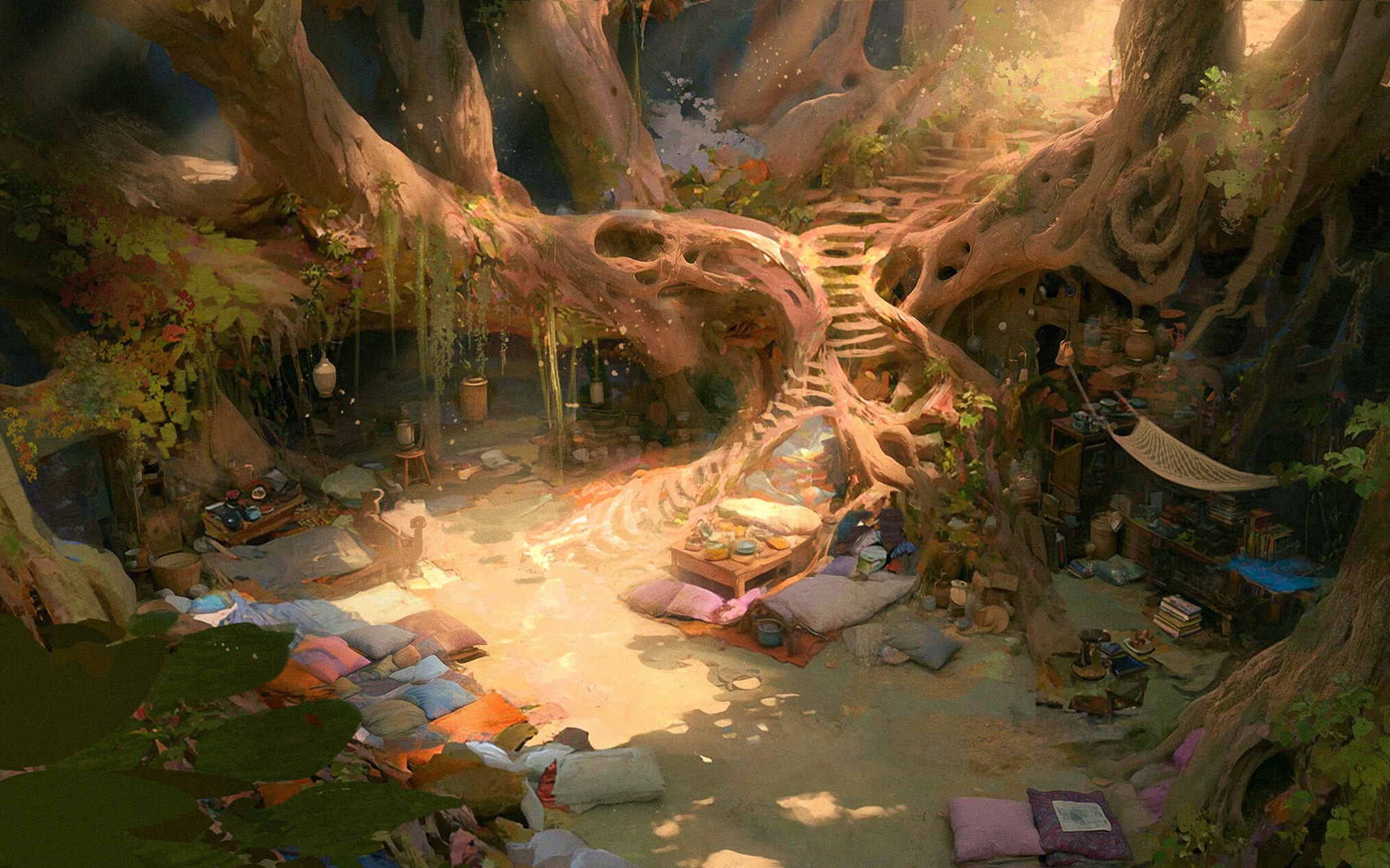 Concept art of the Lost Boys’ hideout inside a giant tree, from Neverland: A Peter Pan Adventure by Second Star Games.