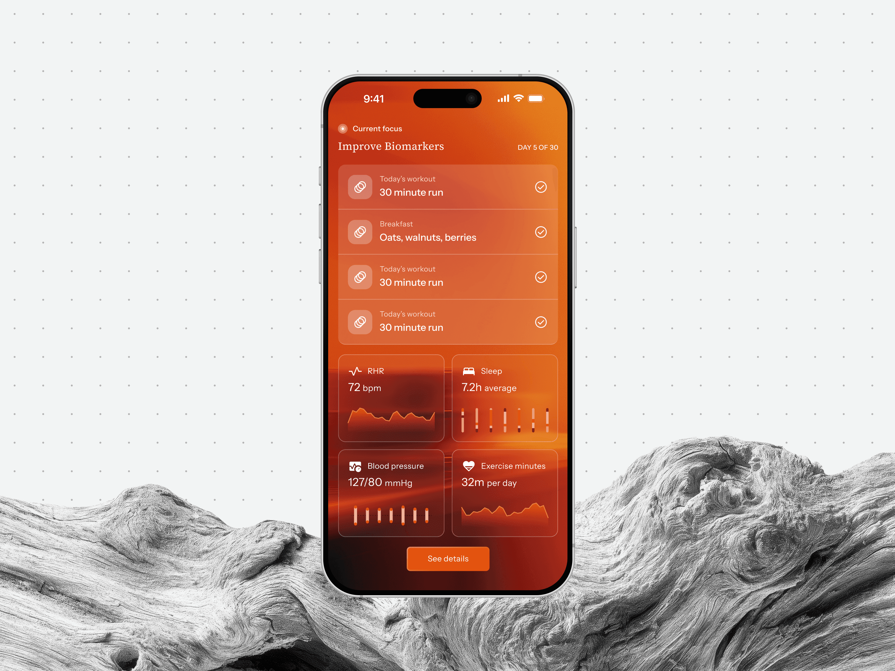 The home screen carries one focus, Improve Biomarkers on day 5 of 30, with the day’s workout and meals up top and the biomarkers it moves tracked below.