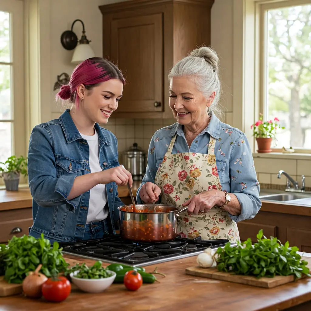 Jüngere Frau und ältere Frau kochen gemeinsam in einer Küche und bereiten ein Essen zu.