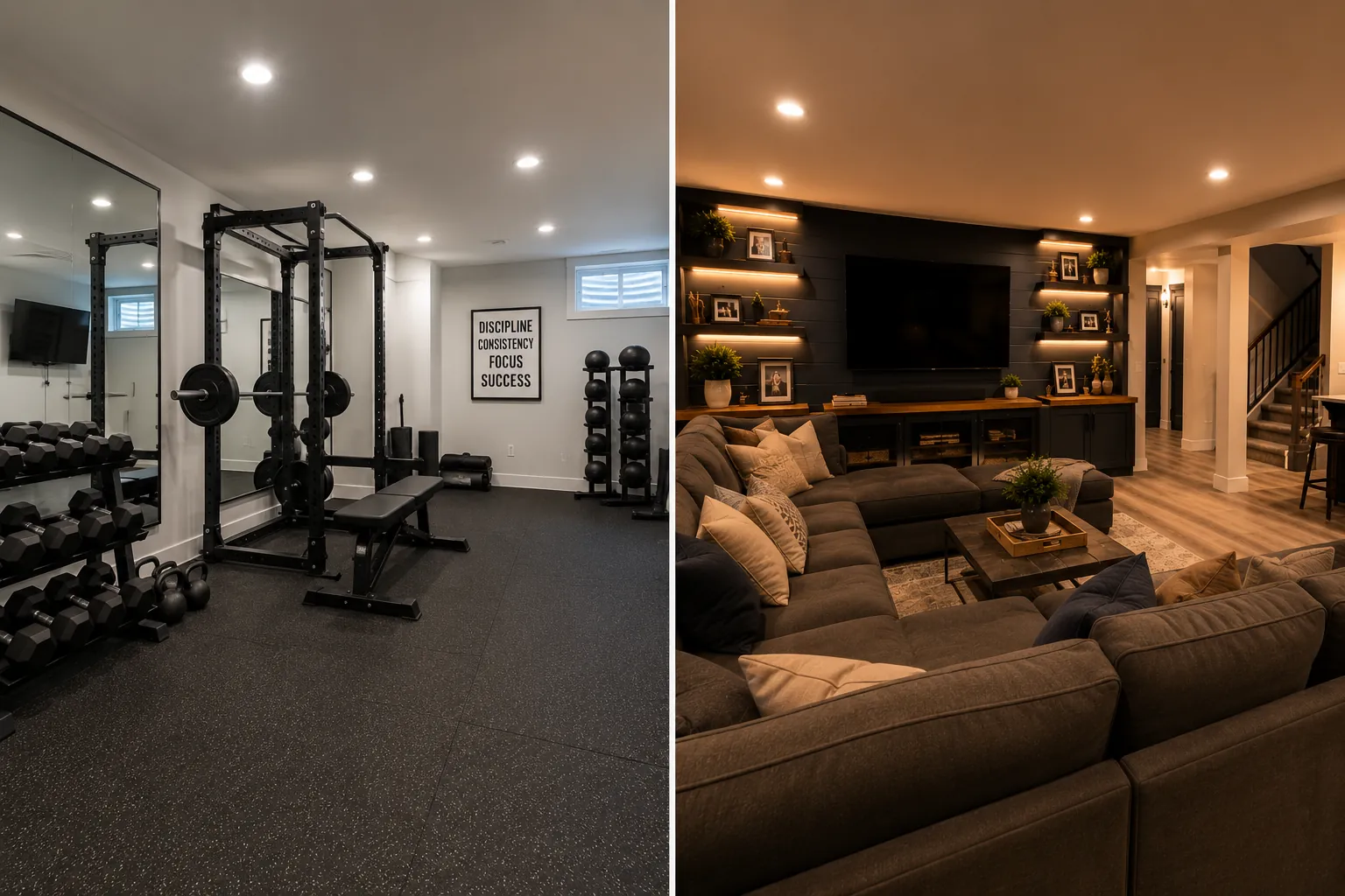 Side by side comparison of a finished basement home gym with rubber flooring and power rack on the left and a finished basement entertainment room with shiplap TV wall and sectional sofa on the right