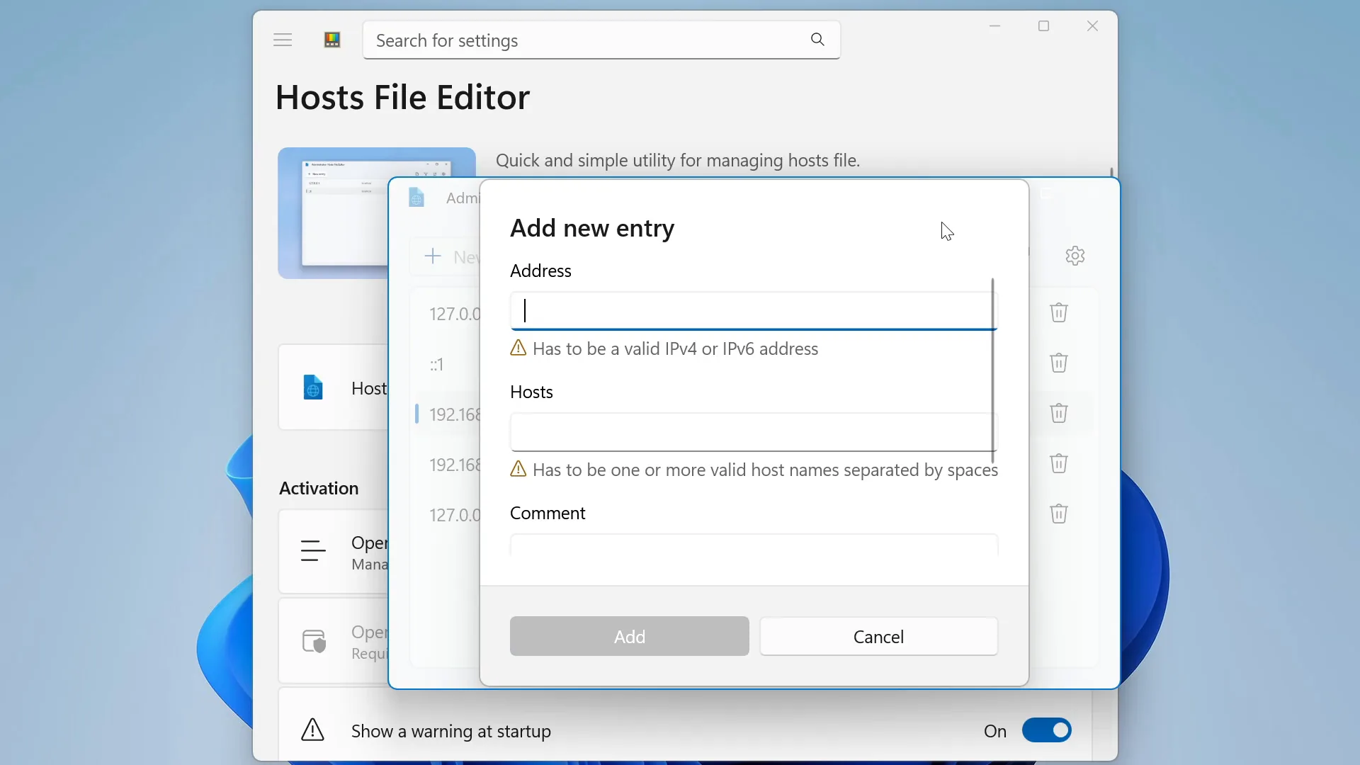 Hosts File Editor managing host entries