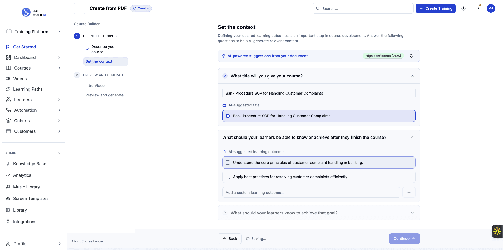 Select the first learning outcome to define what learners will understand about complaint handling.