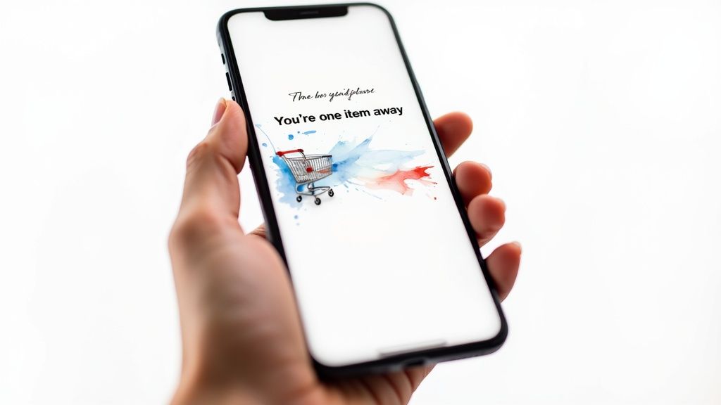 A hand holds a smartphone displaying a shopping cart icon with 'You're one item away' text.