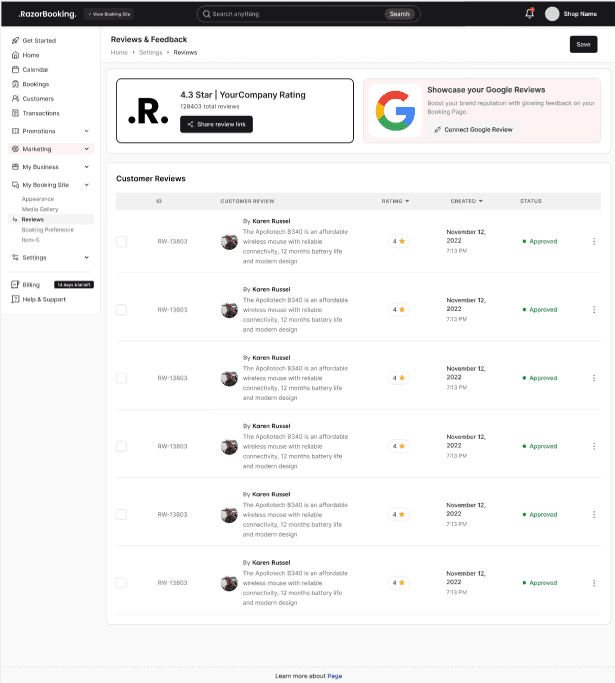 Reviews page with the overall rating, the Share review link button and the customer reviews table