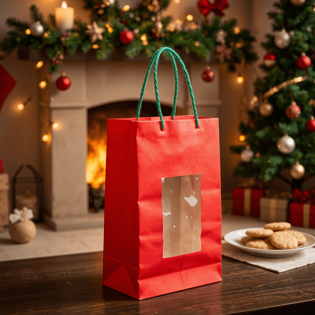 product photography of a decorative gift bag for Christmas