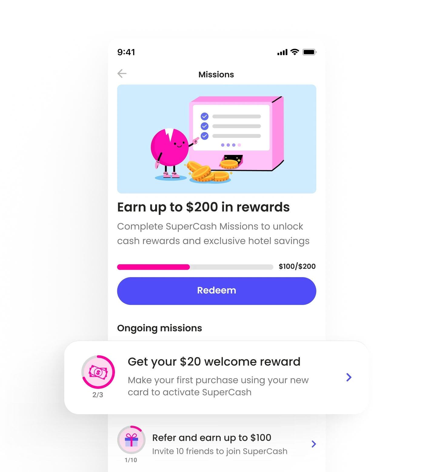 Product design mockup of Super.com’s new Missions system showing task-based rewards, progress tracking, and referral milestones, highlighting Yanick’s redesign that made rewards clear and motivating