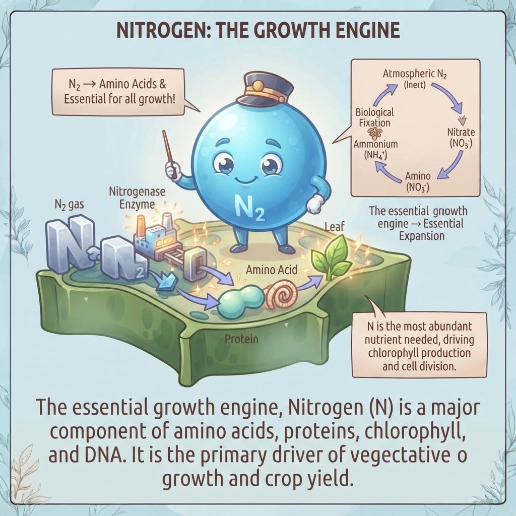 Nitrogen is one of the main nutrients controlling the productive capacity of a crop. It is incorporated into amino acids, proteins, enzymes, nucleic acids and chlorophyll, which means that almost every process associated with growth depends on an adequate nitrogen supply.