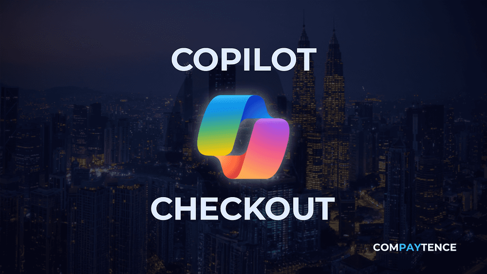 Microsoft-Copilot-Logo zwischen den Worten „Copilot Checkout“ vor dunkler Stadtsilhouette