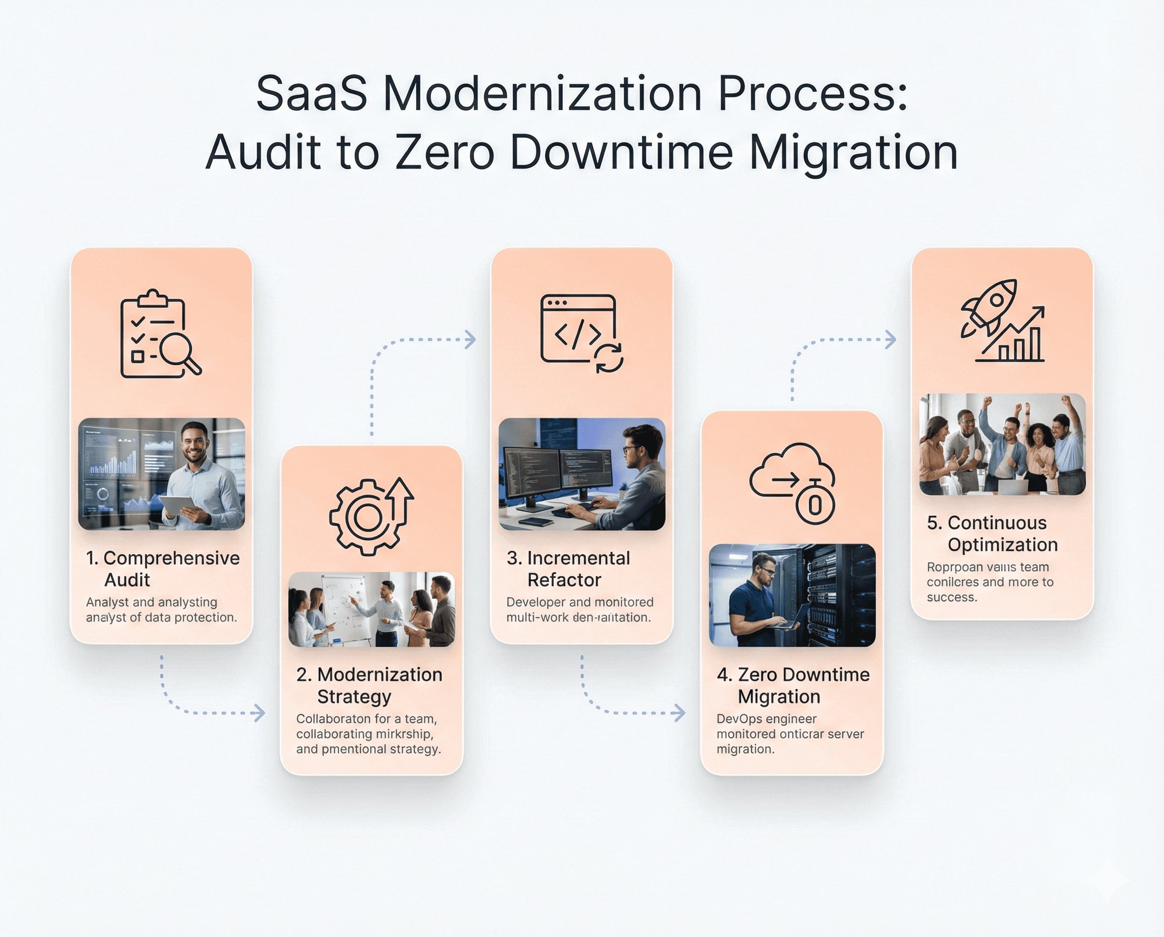 Five-step SaaS modernization process showing audit, planning, incremental frontend migration, integration, and deployment with zero downtime.