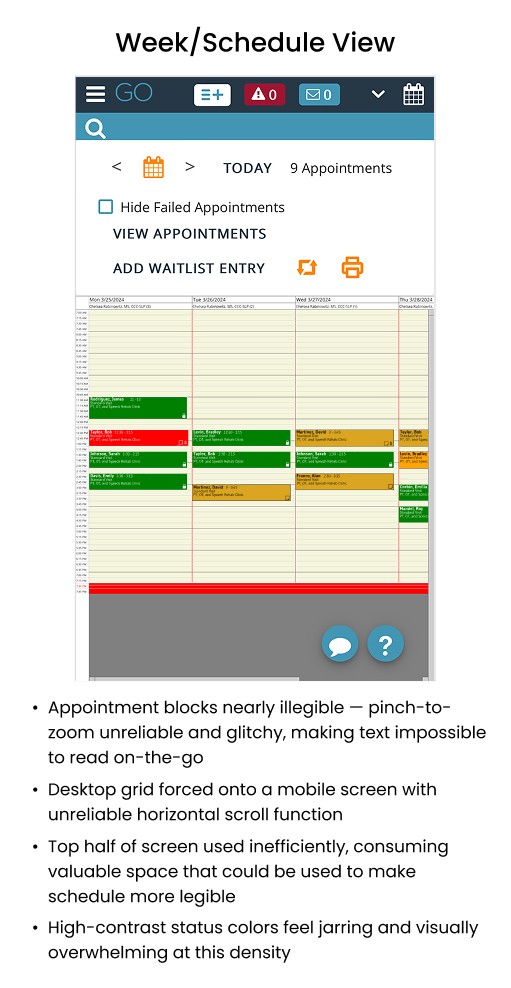 Screenshot of InsightGO's current mobile interface for the schedule view