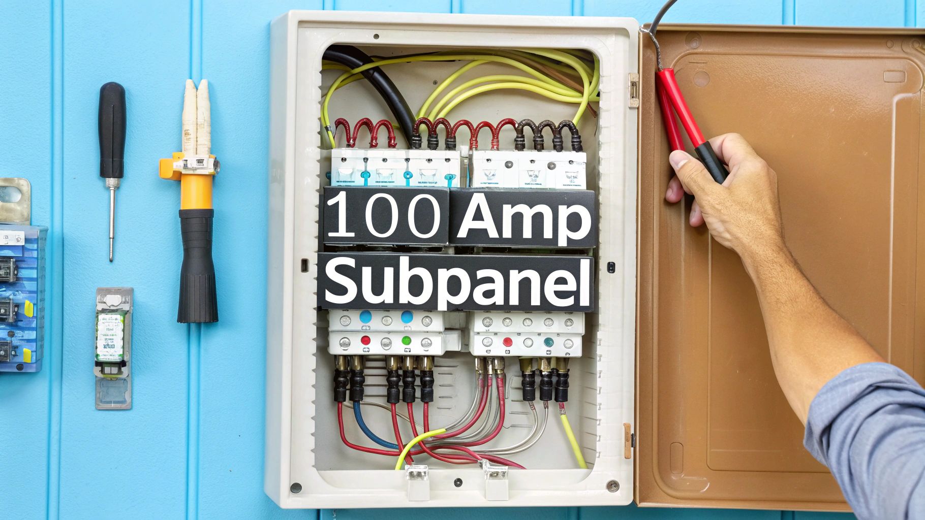 a 100 amp subpanel attached to a blue wall