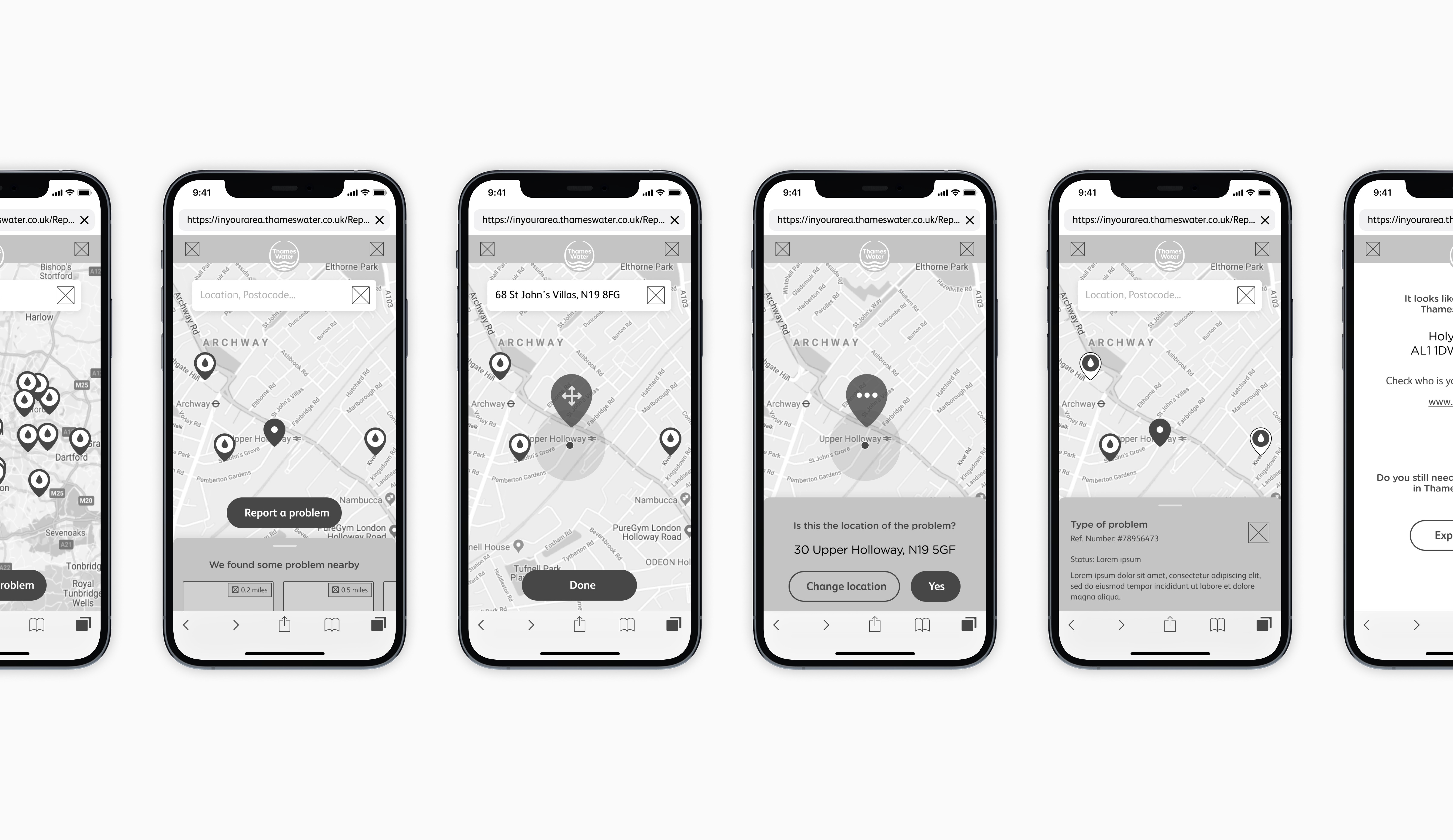Series of low- and mid-fidelity mobile wireframes showing the flow for reporting a problem on a map. The sequence illustrates users locating an issue by pinning or confirming an address, selecting the type of problem and reviewing nearby reports before submission.