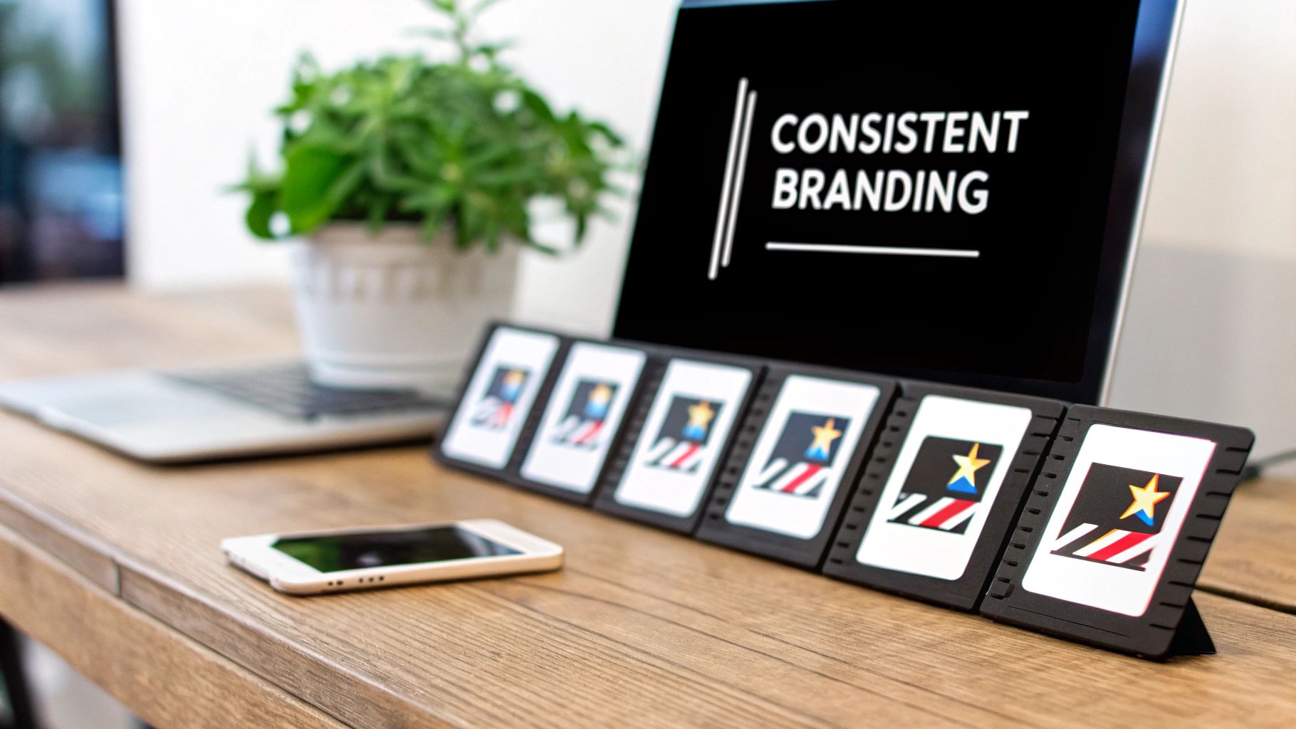 Office desk setup featuring a laptop displaying 'Consistent Branding' and multiple matching brand cards.