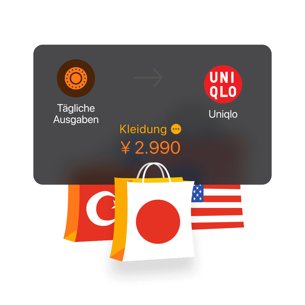 Währungskarte zeigt den Wechsel von 2.890 ¥ mit japanischer, türkischer und US-amerikanischer Flagge.