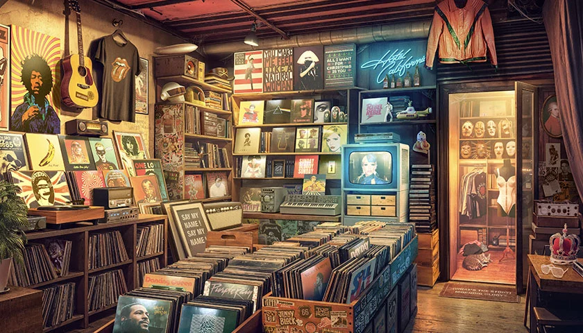 Décor d'un jeu PopCorn Garage, un paysage urbain rempli de références rap fr à retrouver.