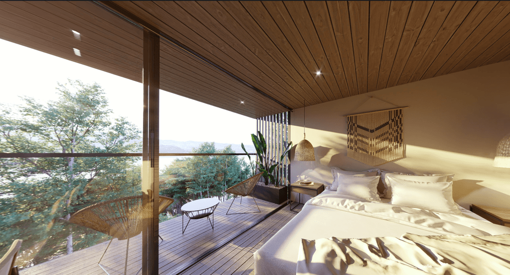 render del interior de una cottage de Yuniko