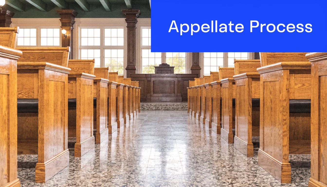 A wide angle view of an empty wood paneled courtroom with a judge's bench in the back.