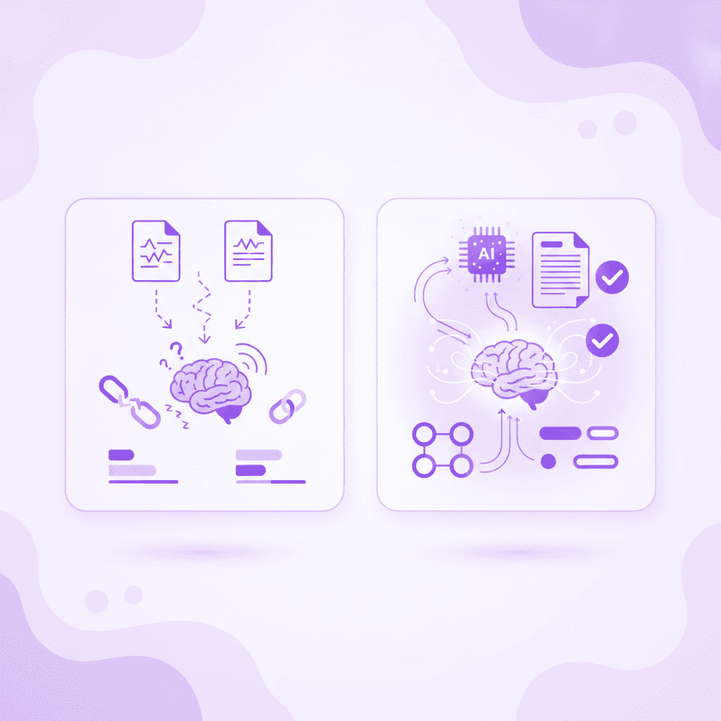 Split screen graphic showing a student looking exhausted copy-pasting text on the left, and a student looking relieved using Penseum on the right.