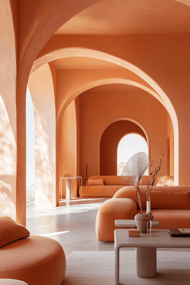 Warm orange-toned interior with arched architecture, plush furniture, and minimalist decor. Sunlight enhances the serene, modern design.