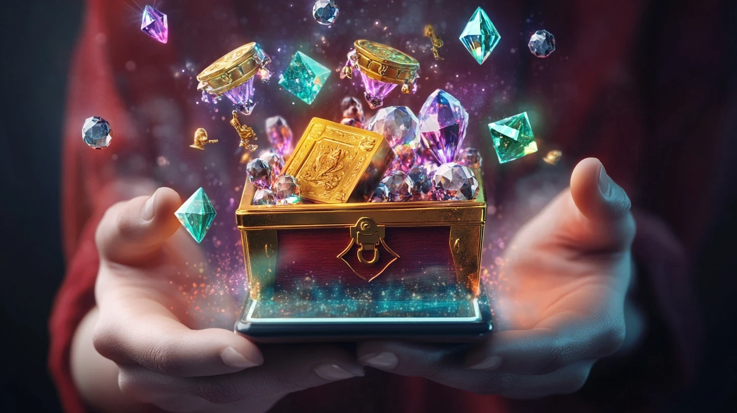 This image displays a vibrant scene featuring a glowing treasure chest overflowing with gems, coins, and other valuable items, floating above a smartphone screen, symbolizing the excitement of an AR treasure hunt. The dazzling digital objects and treasure represent the immersive experiences offered by an Augmented Reality treasure hunt, where users interact with virtual rewards in real-world settings. The vivid colors and dynamic visual elements capture the thrill of discovering hidden treasures through an AR treasure hunt app, often used in events, marketing campaigns, or entertainment experiences. The intricate detail in the gems and coins showcases the creative possibilities for Augmented Reality treasure hunts, blending digital excitement with physical exploration. This visual highlights the potential of an AR event app to engage participants in interactive treasure hunting, combining the fun of real-world adventure with the enhanced interactivity of AR technology. The chest brimming with rewards represents the sense of achievement that comes with successful AR treasure hunting, bringing augmented reality experiences to life.