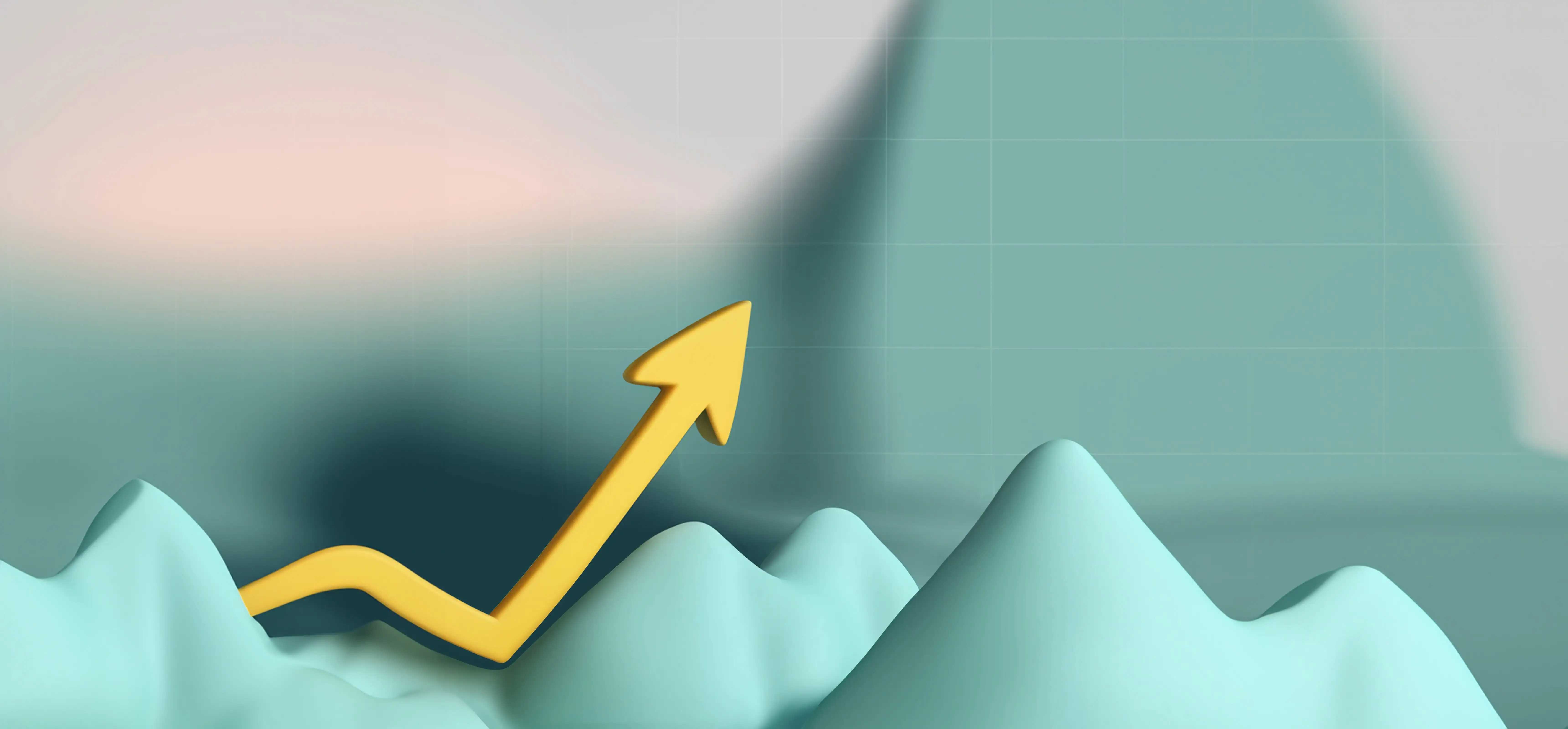 A stylized graphic showing a rising arrow over mountains, symbolizing growth or progress.