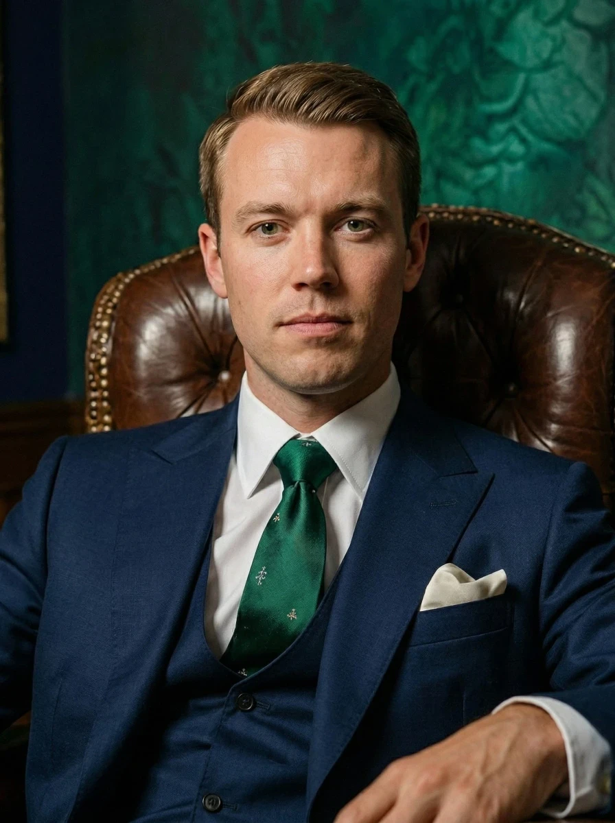 Portrait of the groom sitting in a leather chair against a green textured background.