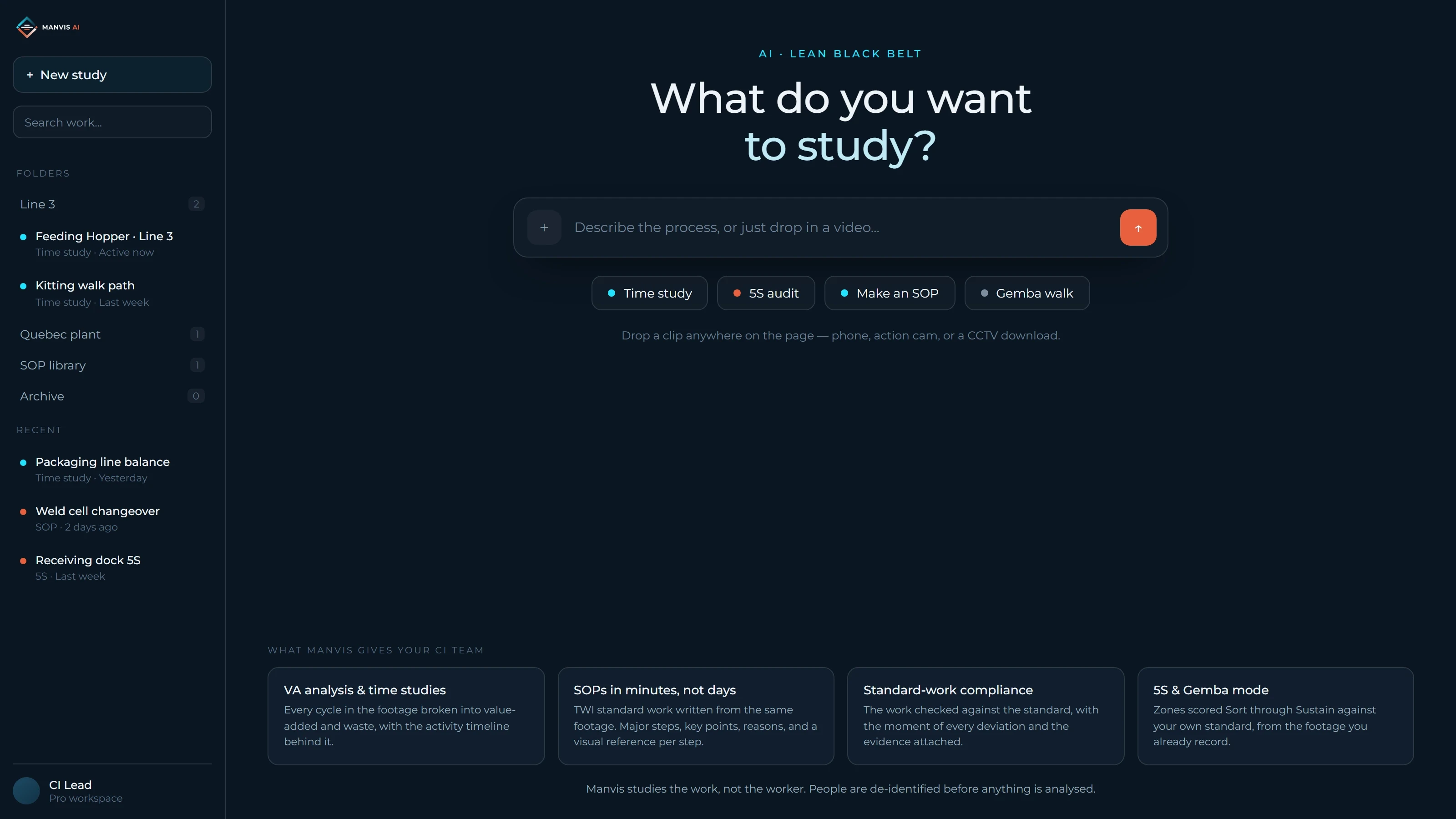 Manvis home screen asking what to study, with time study, 5S audit, SOP, and Gemba walk as the starting points.