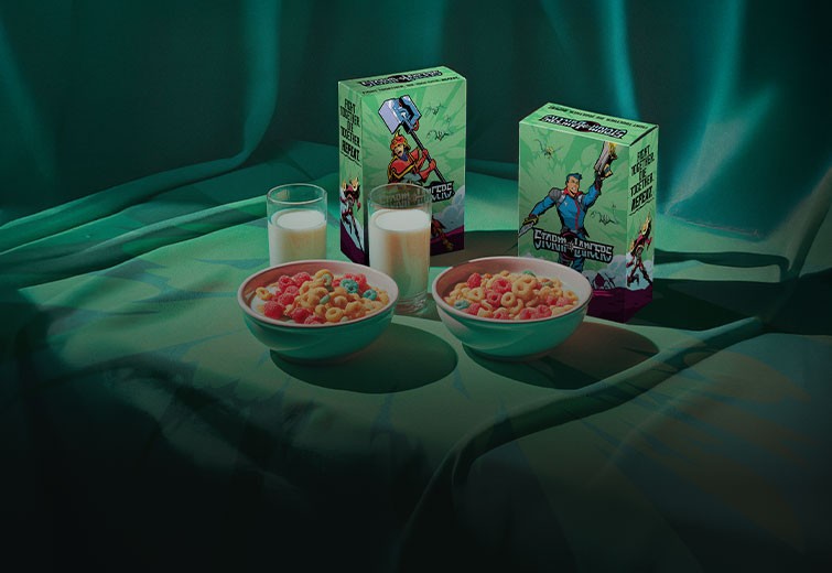 Retro style Storm Lancers cereal boxes with bowls of Fruit loops