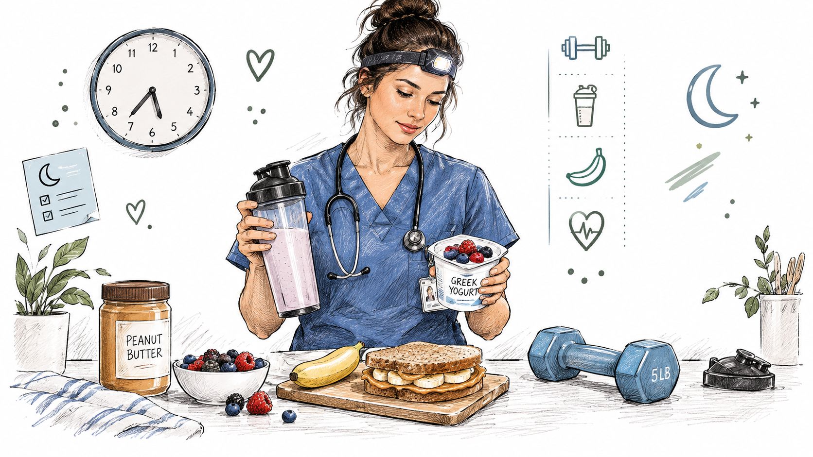A nurse in scrubs holding a protein shake and yogurt, surrounded by healthy workout snacks and a dumbbell.