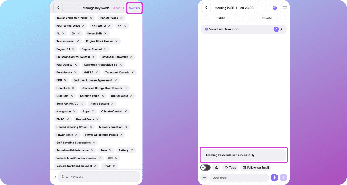 Confirm button highlighted on Manage Keywords, followed by a toast message: “Meeting keywords set successfully.”
