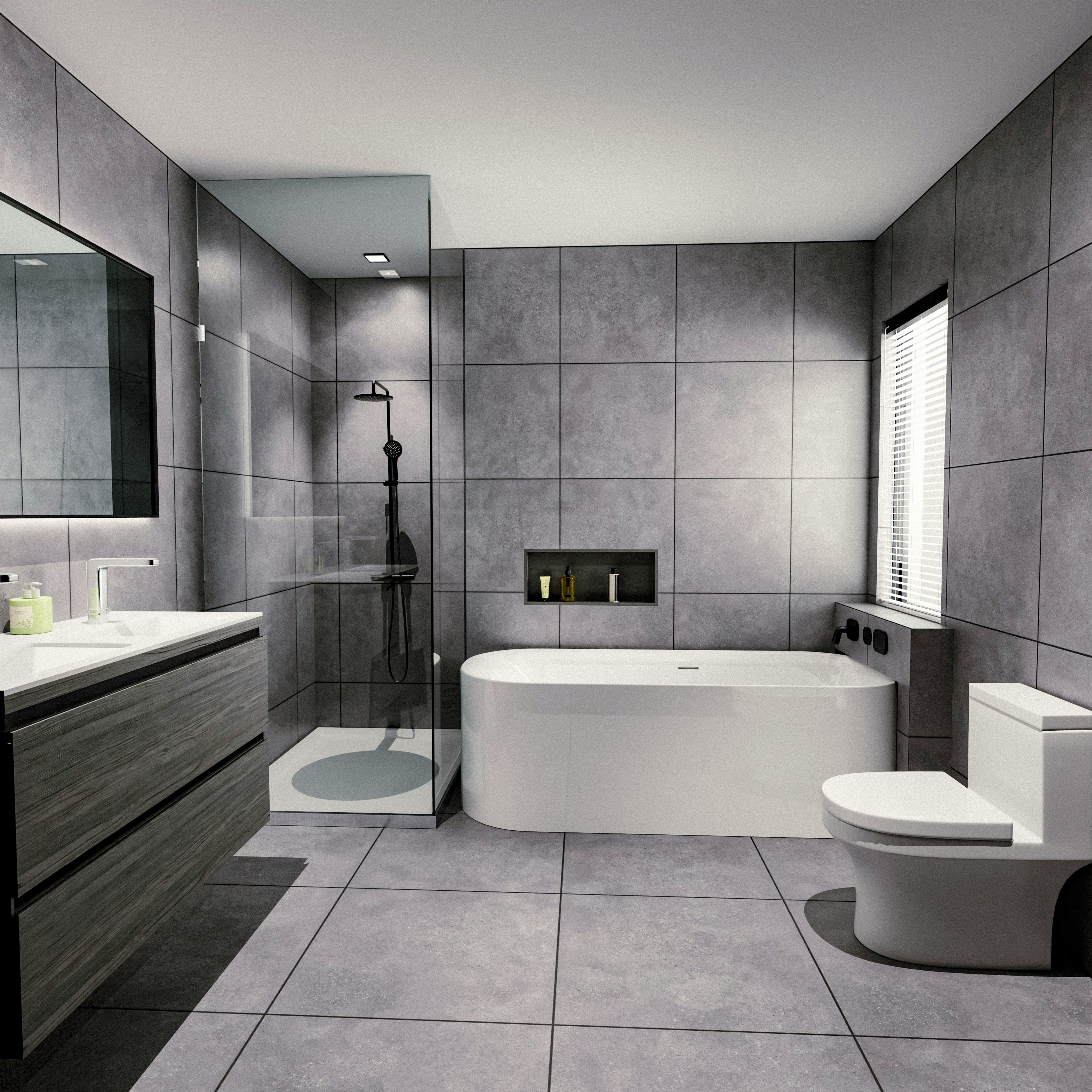 Modern bathroom with bathtub, shower, and vanity.