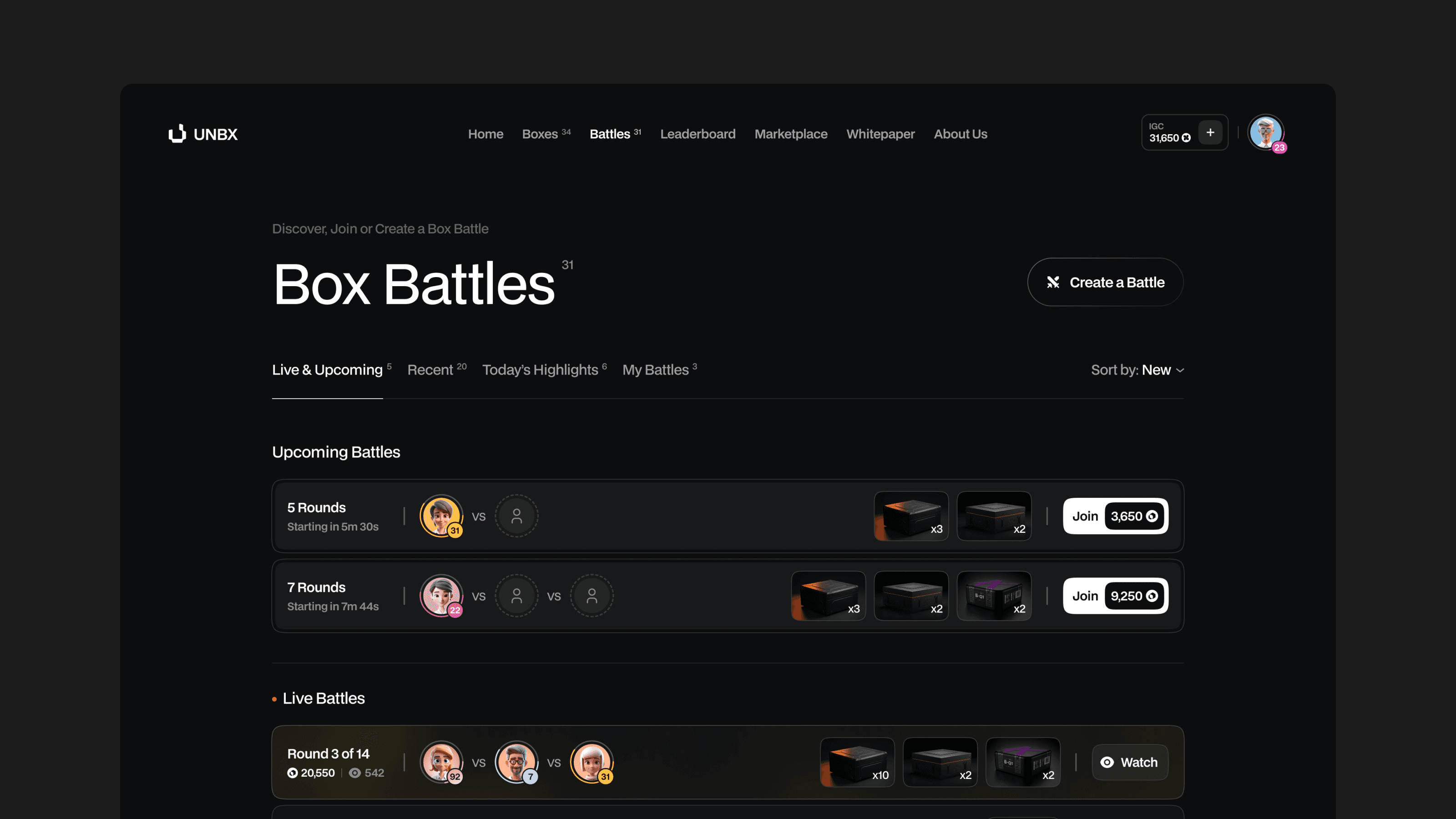 unbx box battles ui design