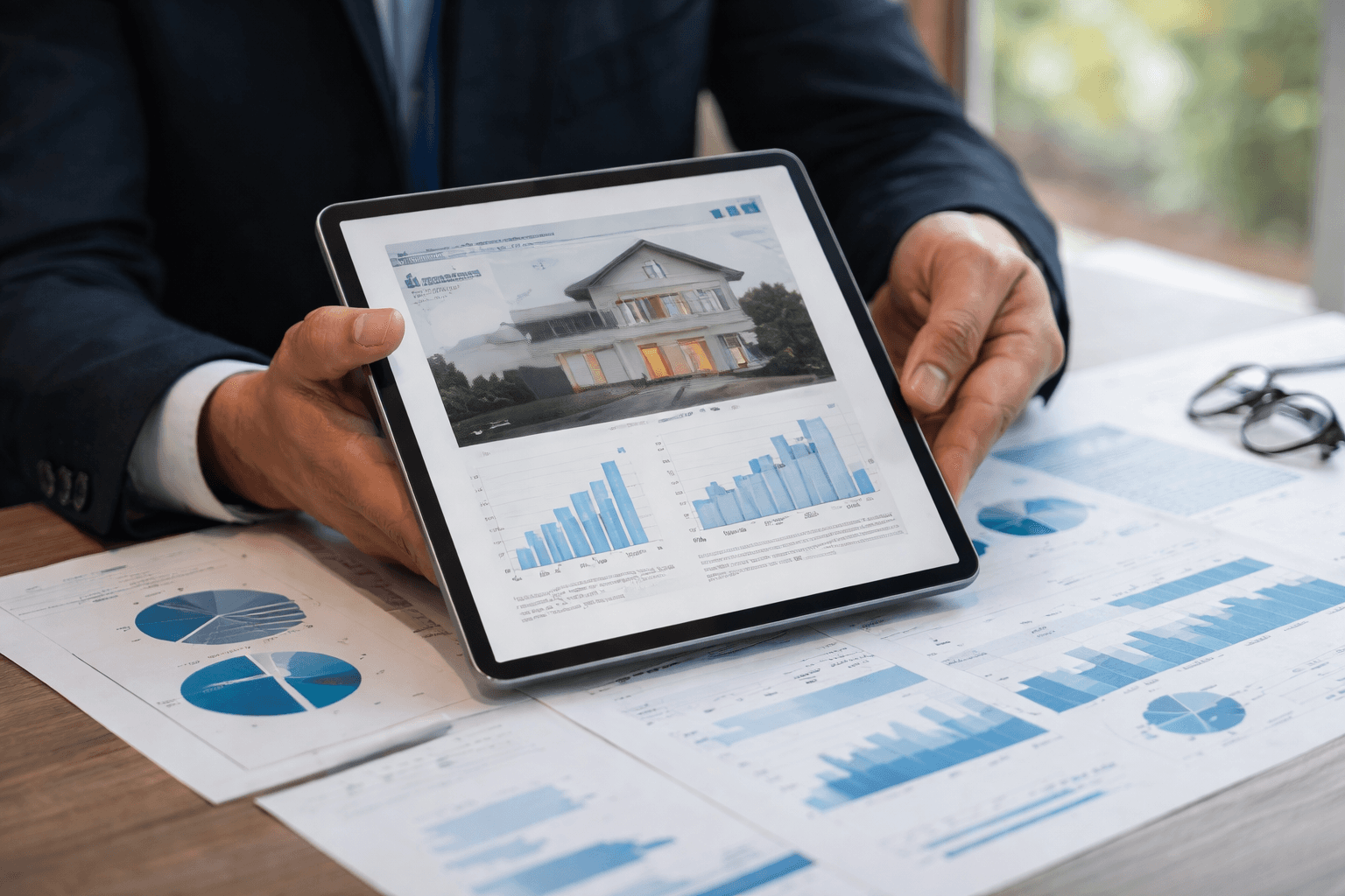Modern luxury villa with infinity pool at sunset with tree.