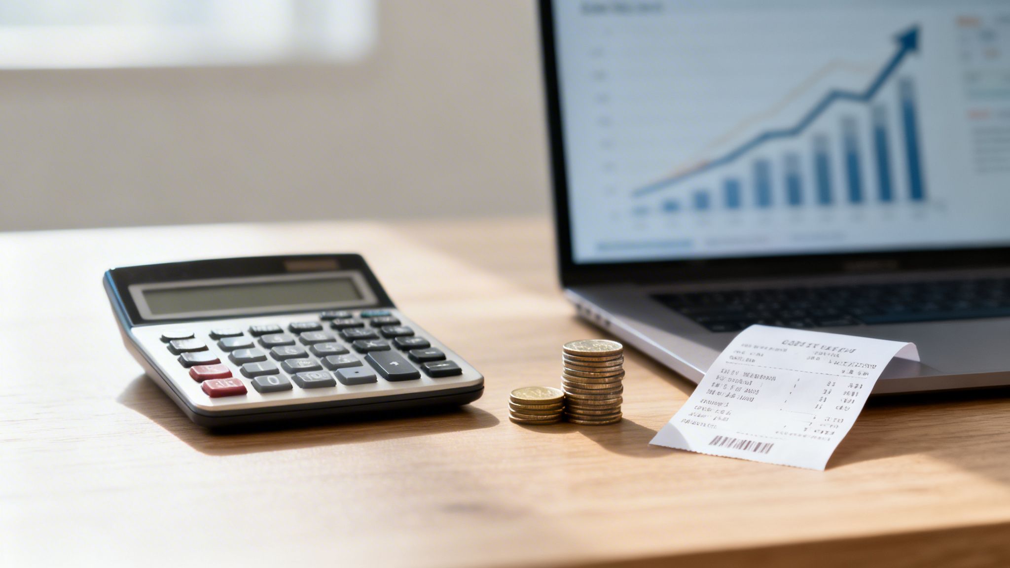 Calculadora, monedas, recibo y laptop con gráfico financiero de crecimiento en una mesa de madera.