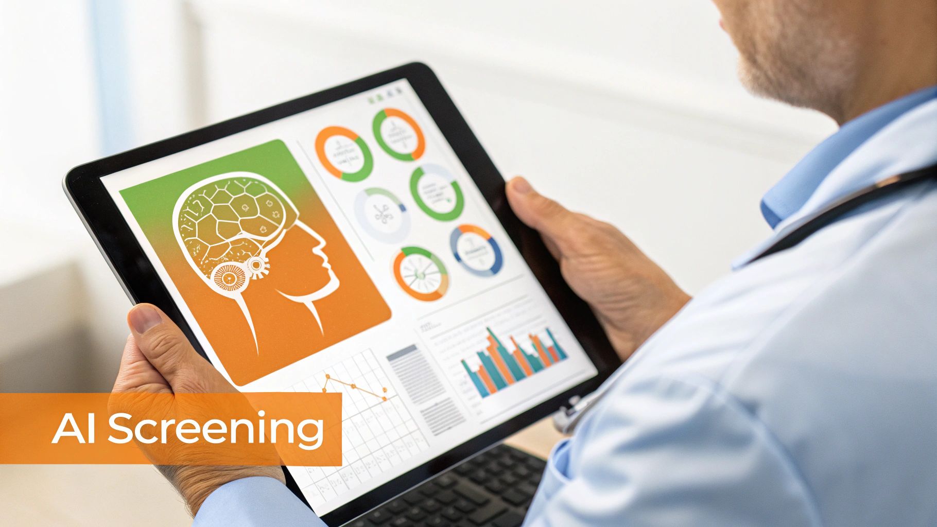 A doctor reviews AI screening data on a tablet, showing brain diagrams and analytical charts.