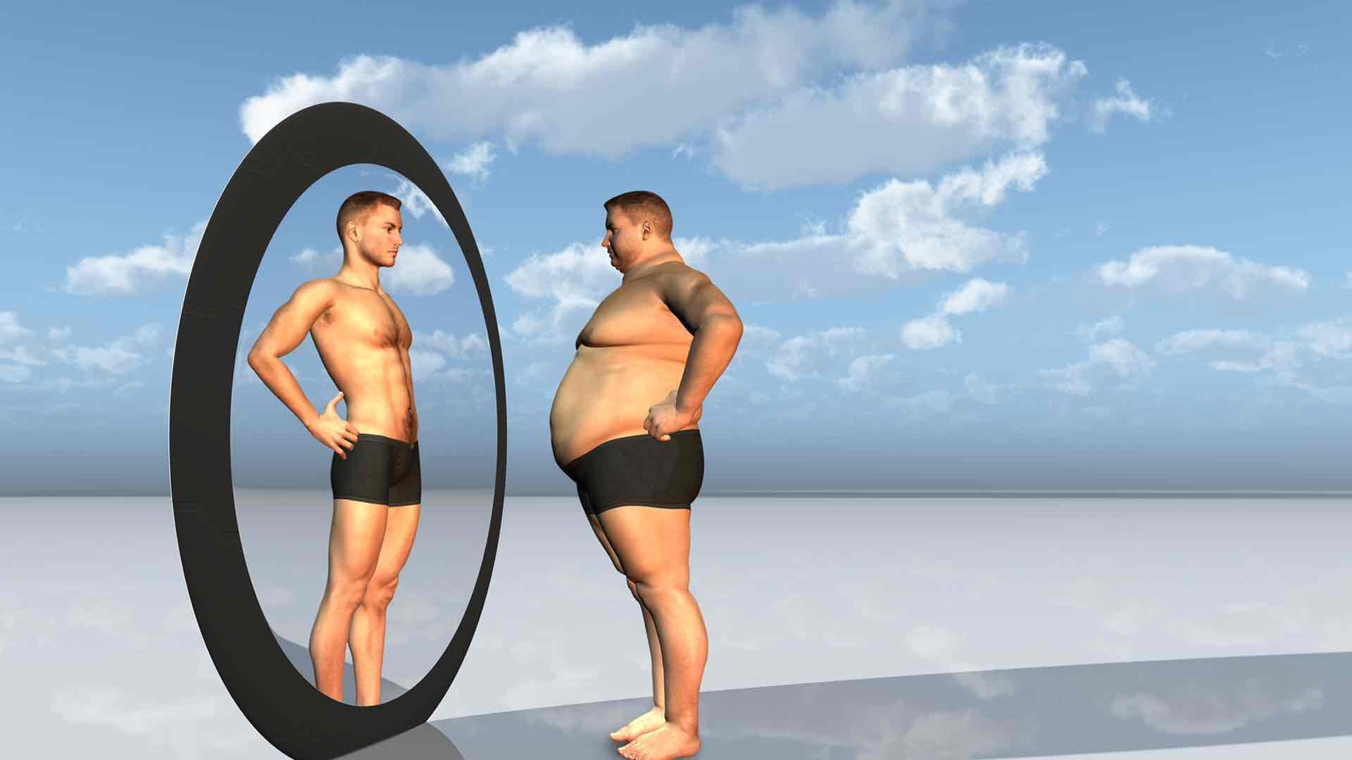 fat man with his fit body reflecting on the mirror
