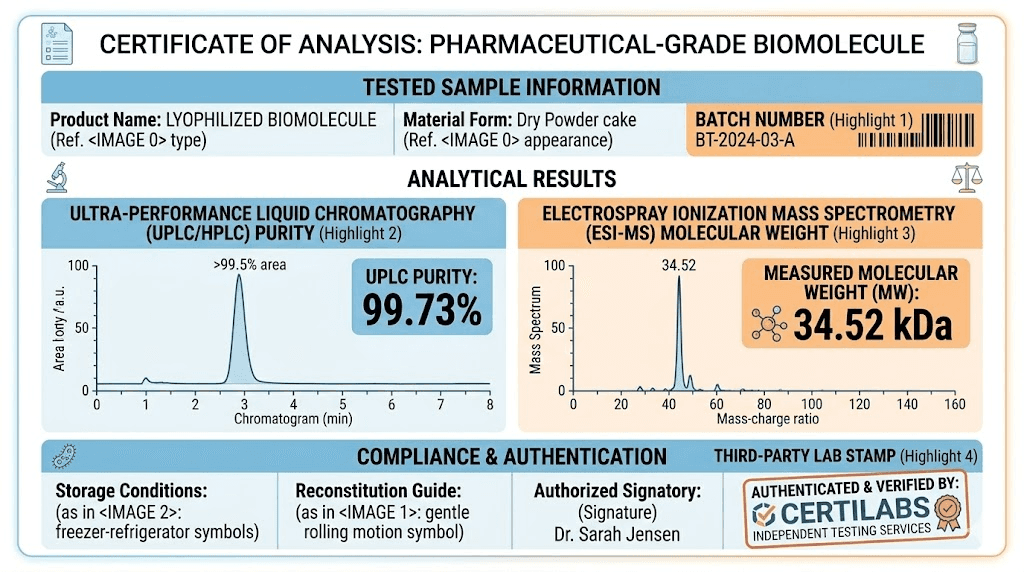 Certificate of Analysis for lyophilized tirzepatide showing purity testing results