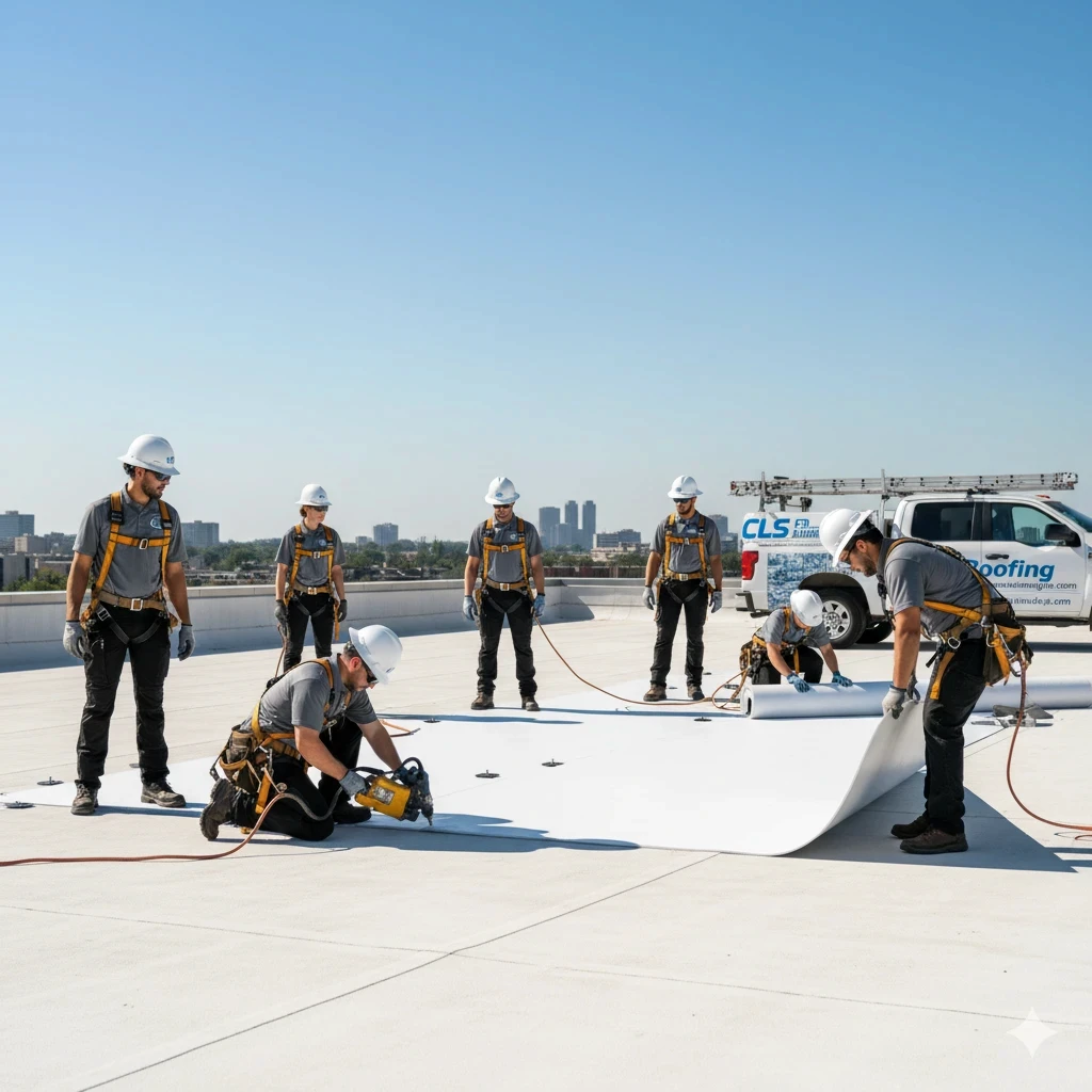A crew of uniformed technicians professionally installing a Commercial roof system.