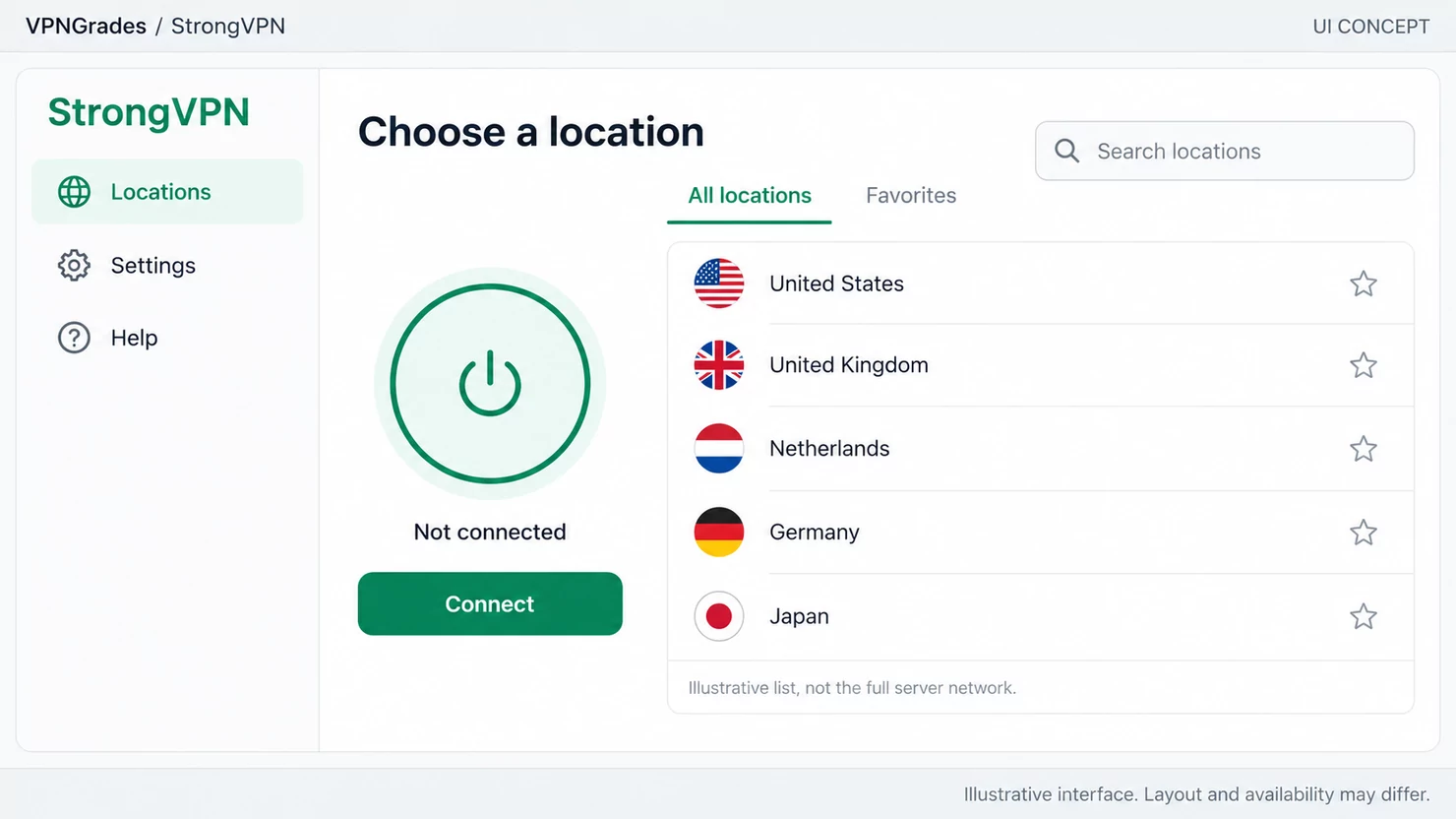 StrongVPN: a location picker concept (illustration).