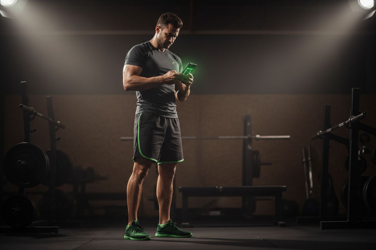 A person checking workout notes on a smartphone