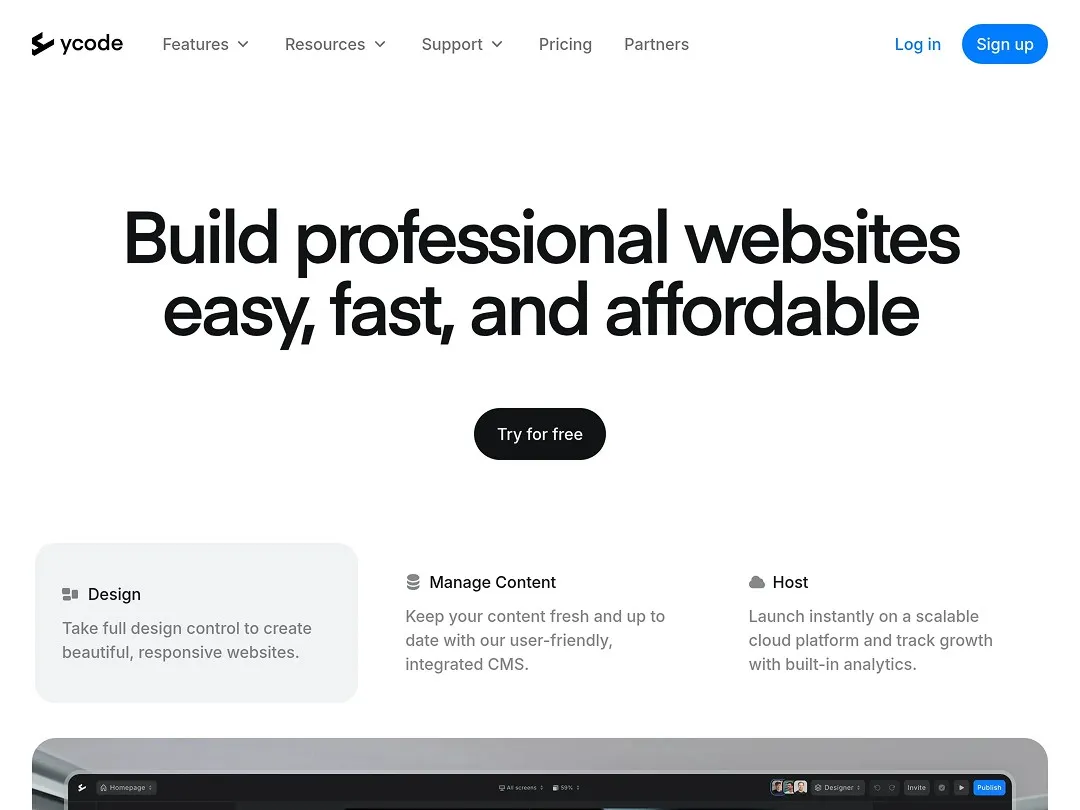 The homepage of a website-building service features a header promoting the creation of professional websites that are easy, fast, and affordable, with options highlighting design flexibility, content management, and scalable hosting solutions.