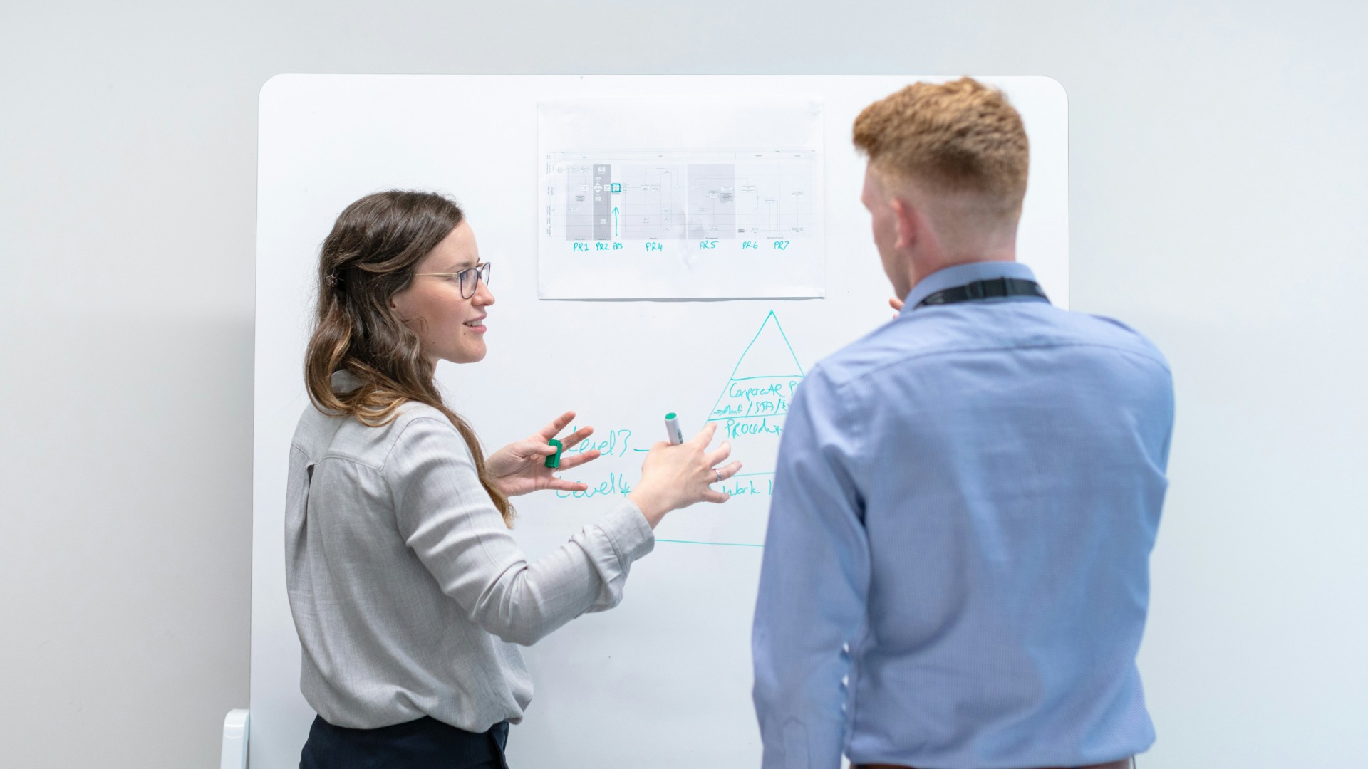 Two individuals engage in a discussion at a whiteboard, with one drawing diagrams and writing notes, conveying a collaborative business meeting environment.